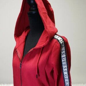 GUESS Tusk Zip Up Red Women's Hoodie w/ Black Silver Metallic GUESS On Sleeve